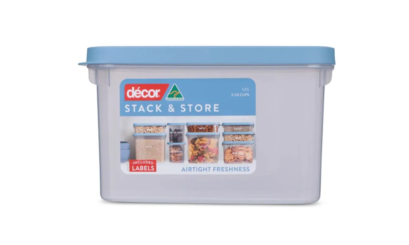 Décor® Stack & Store™ Pantry Container – Oblong 1.2L (Clear with Blue Lid)