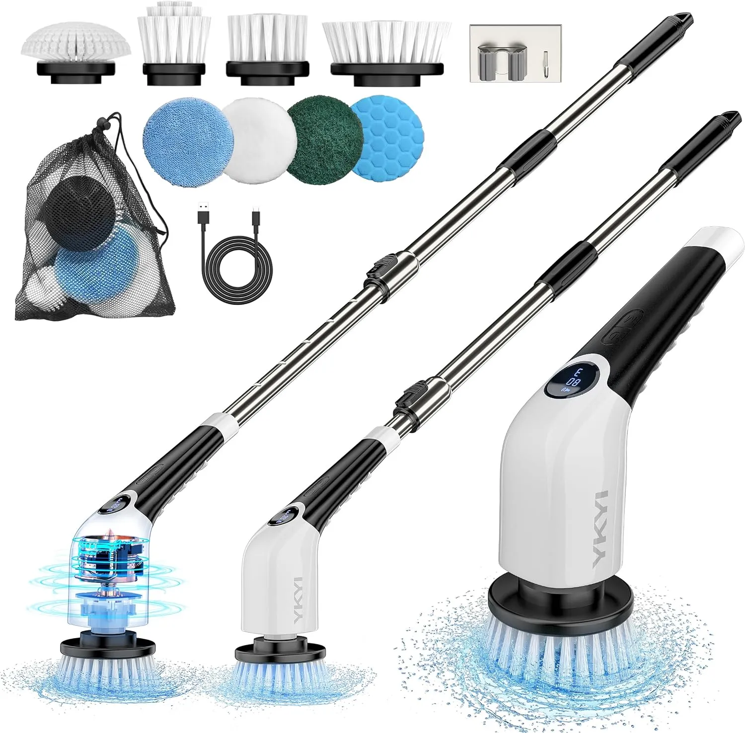 Electric Spin Scrubber, Cordless Cleaning Brush with 8 Replaceable Brush Heads, 3 Adjustable Speeds, Adjustable & Detachable Long Handle, Voice Broadcast