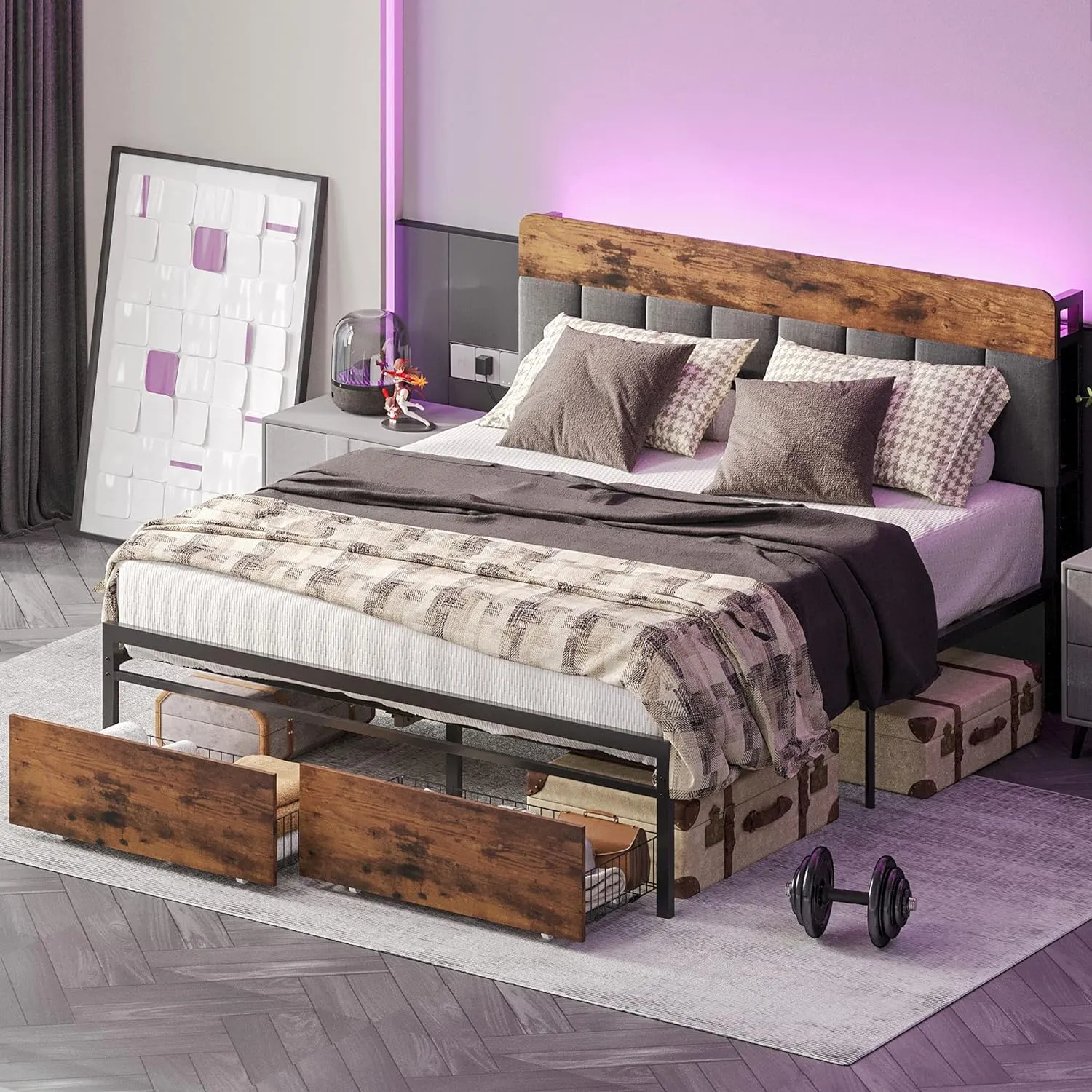 Full Bed Frame with Storage Headboard, Drawers, LED Light, Charging Station