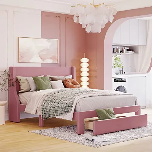 HBRR Queen Size Bed Frame with Drawer and Headboard, Velvet Upholstered Platform Bed with Wood Slats, Mattress Foundation, No Box Spring Needed, Easy Assembly, Pink