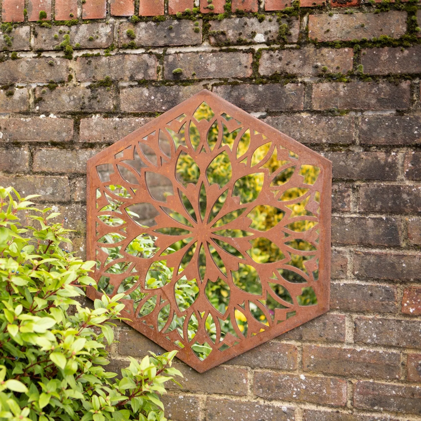 Hexagonal Rustic Metal Wall Mirror with Floral Cutout Design