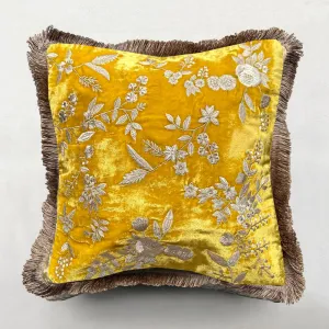 Liza Silk Velvet Embroidered Cushion in Citrine with Beige Fringe