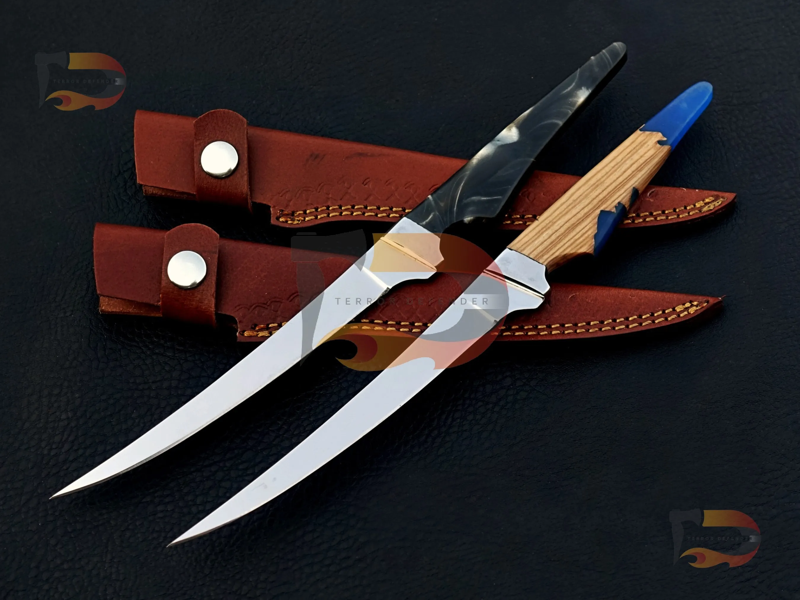 Pair of 2 Custom Handmade fillet knives , kitchen knives , professional cutting knives , razor sharp fillet knives With Leather Sheath