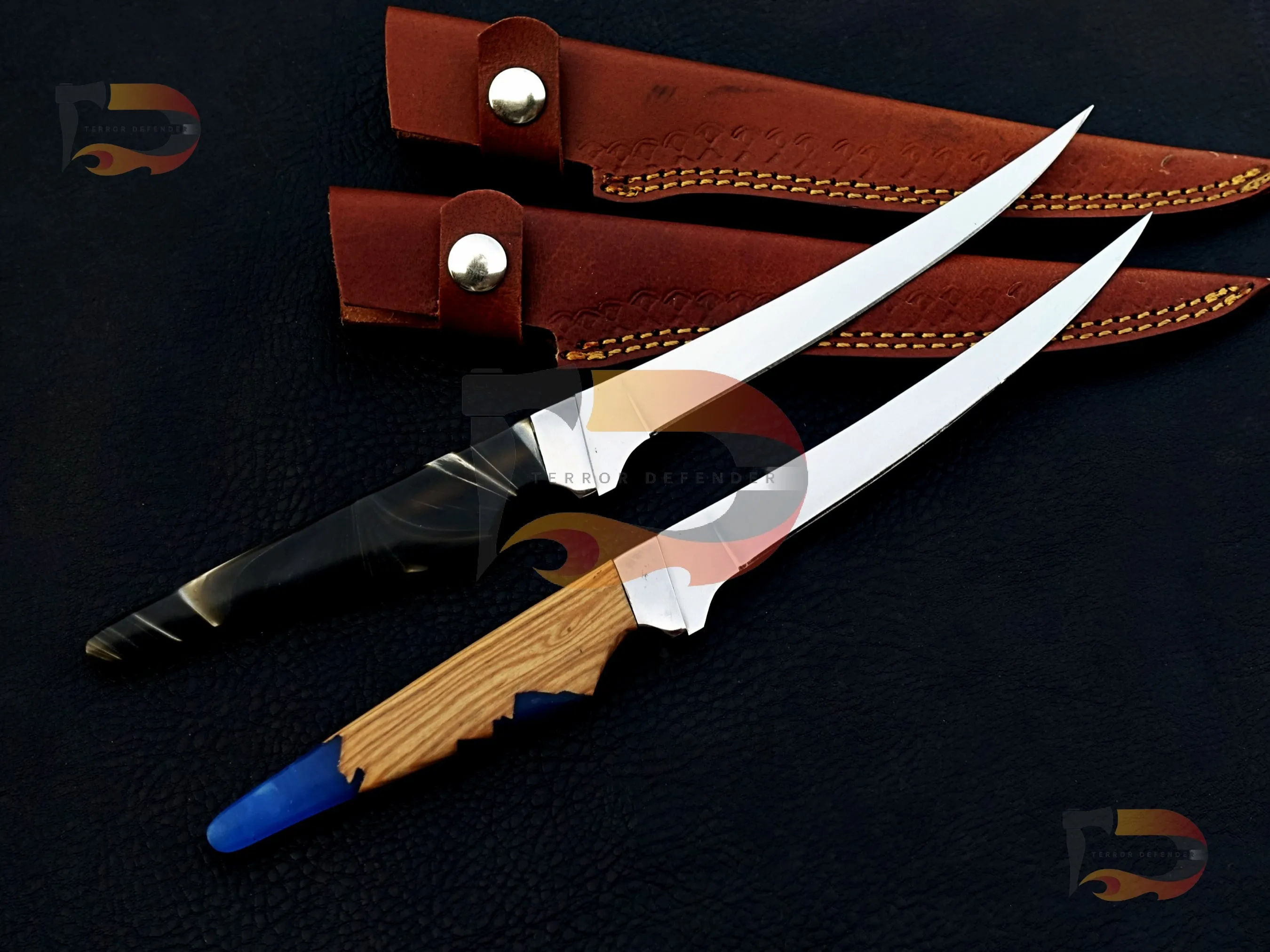 Pair of 2 Custom Handmade fillet knives , kitchen knives , professional cutting knives , razor sharp fillet knives With Leather Sheath