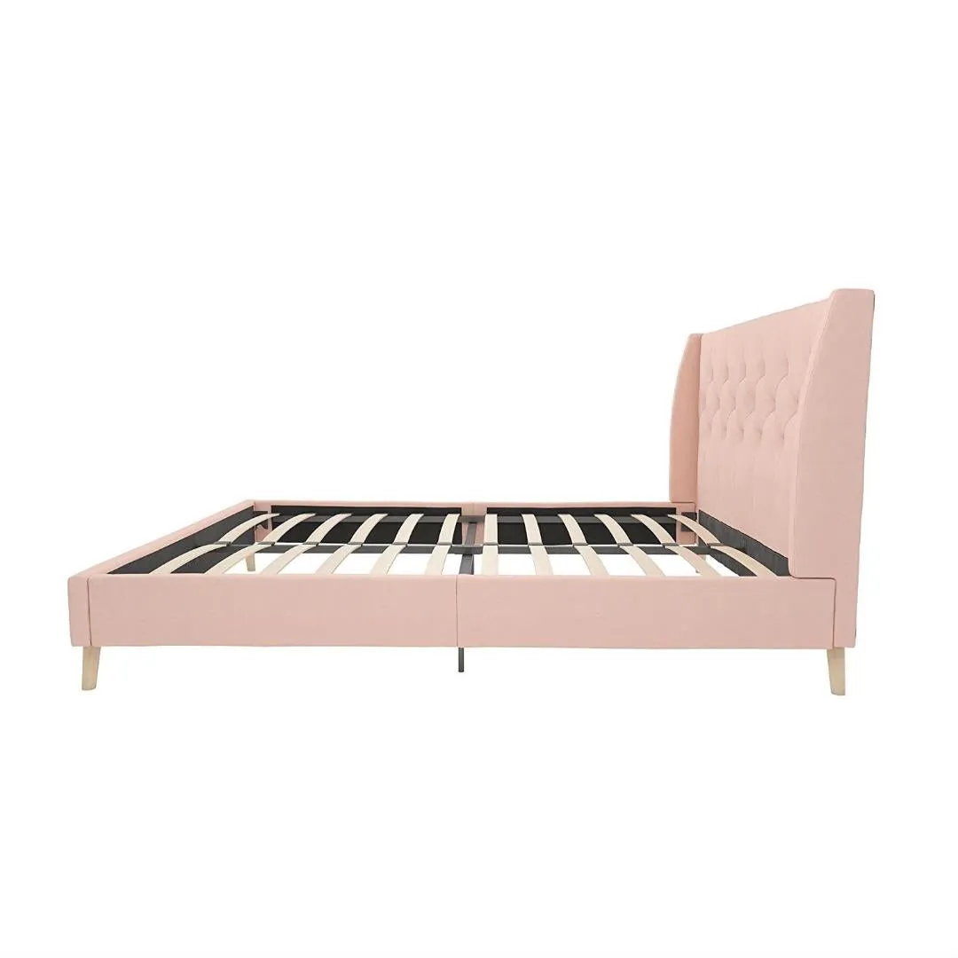 Queen Pink Linen Upholstered Mid-Century Modern Platform Bed with Wingback Headboard