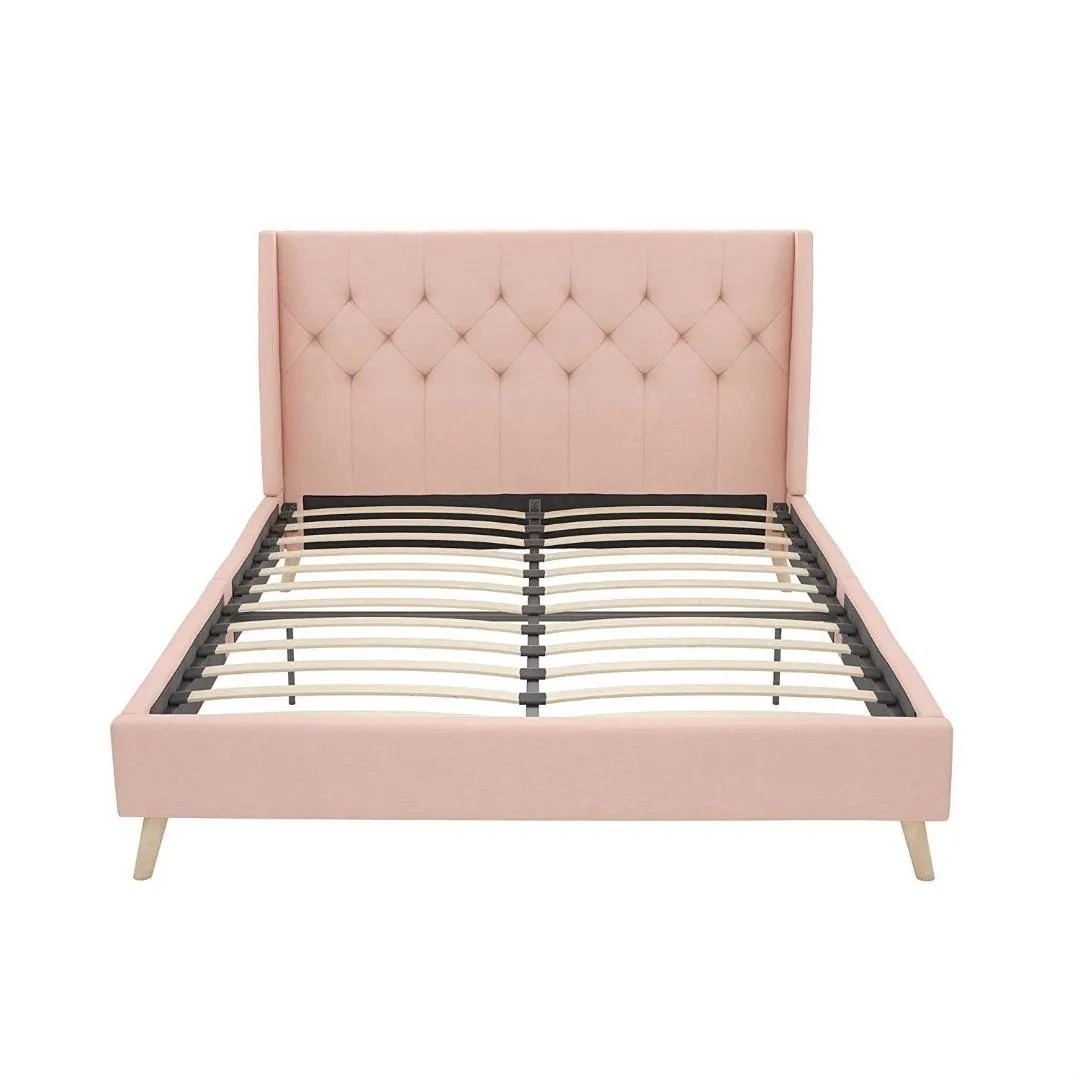 Queen Pink Linen Upholstered Mid-Century Modern Platform Bed with Wingback Headboard