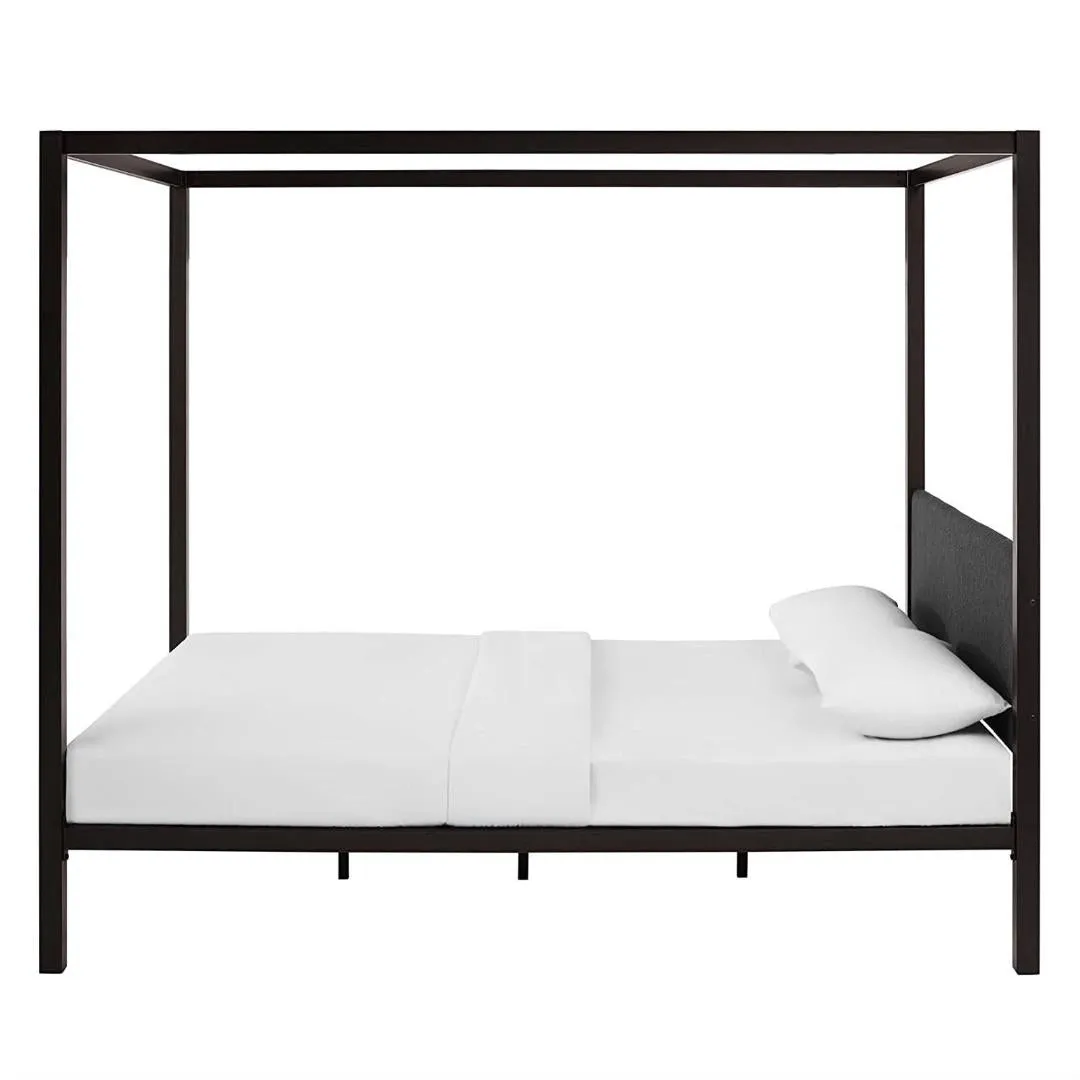 Queen size Brown Metal Canopy Bed Frame with Grey Upholstered Headboard