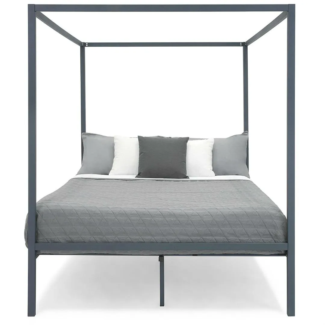 Queen size Grey Metal Platform Bed Frame with Canopy