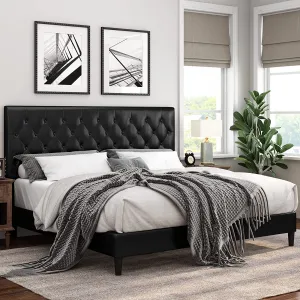 Queen Size Upholstered Platform Bed Frame with Button Tufted Headboard