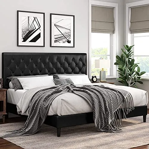 Queen Size Upholstered Platform Bed Frame with Button Tufted Headboard