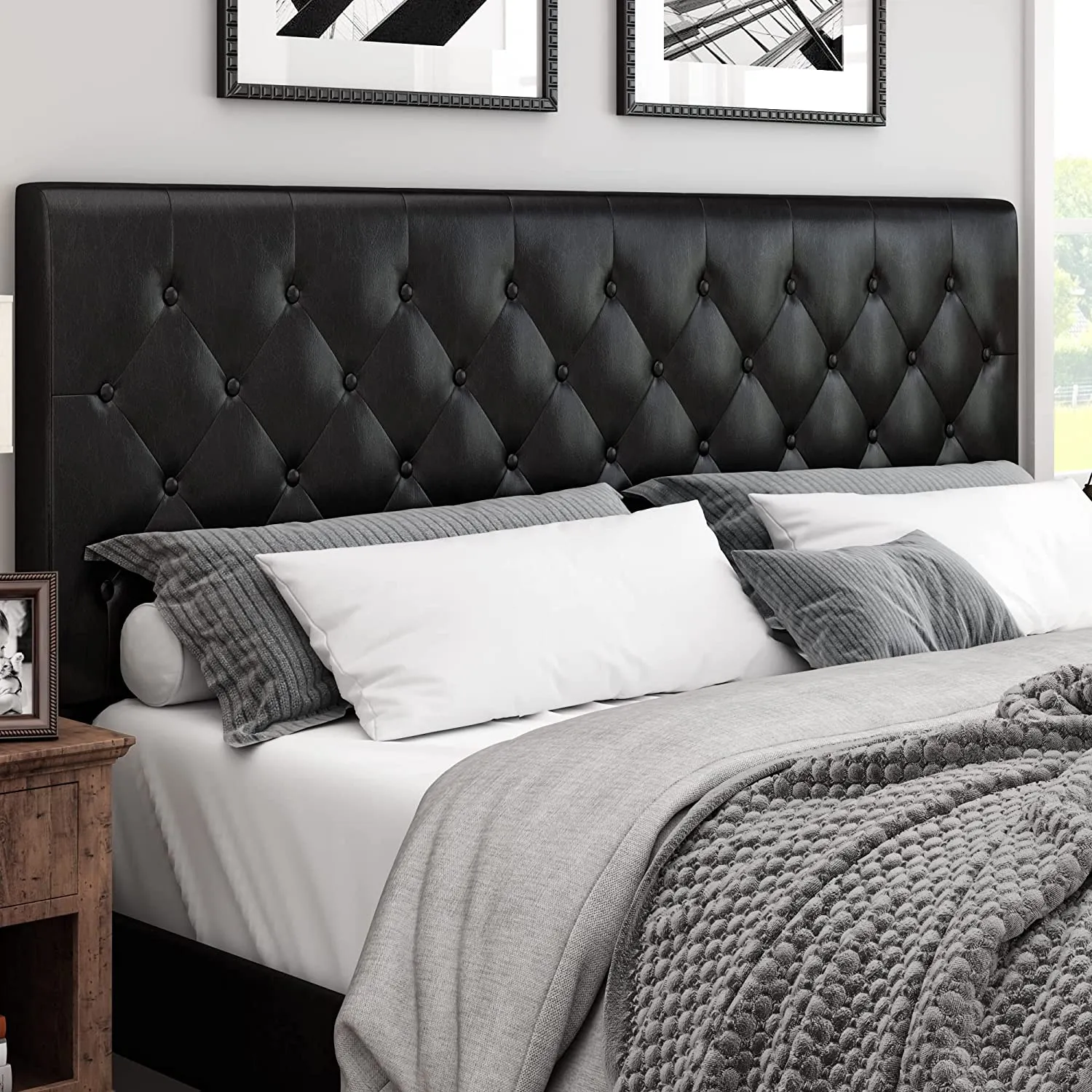 Queen Size Upholstered Platform Bed Frame with Button Tufted Headboard