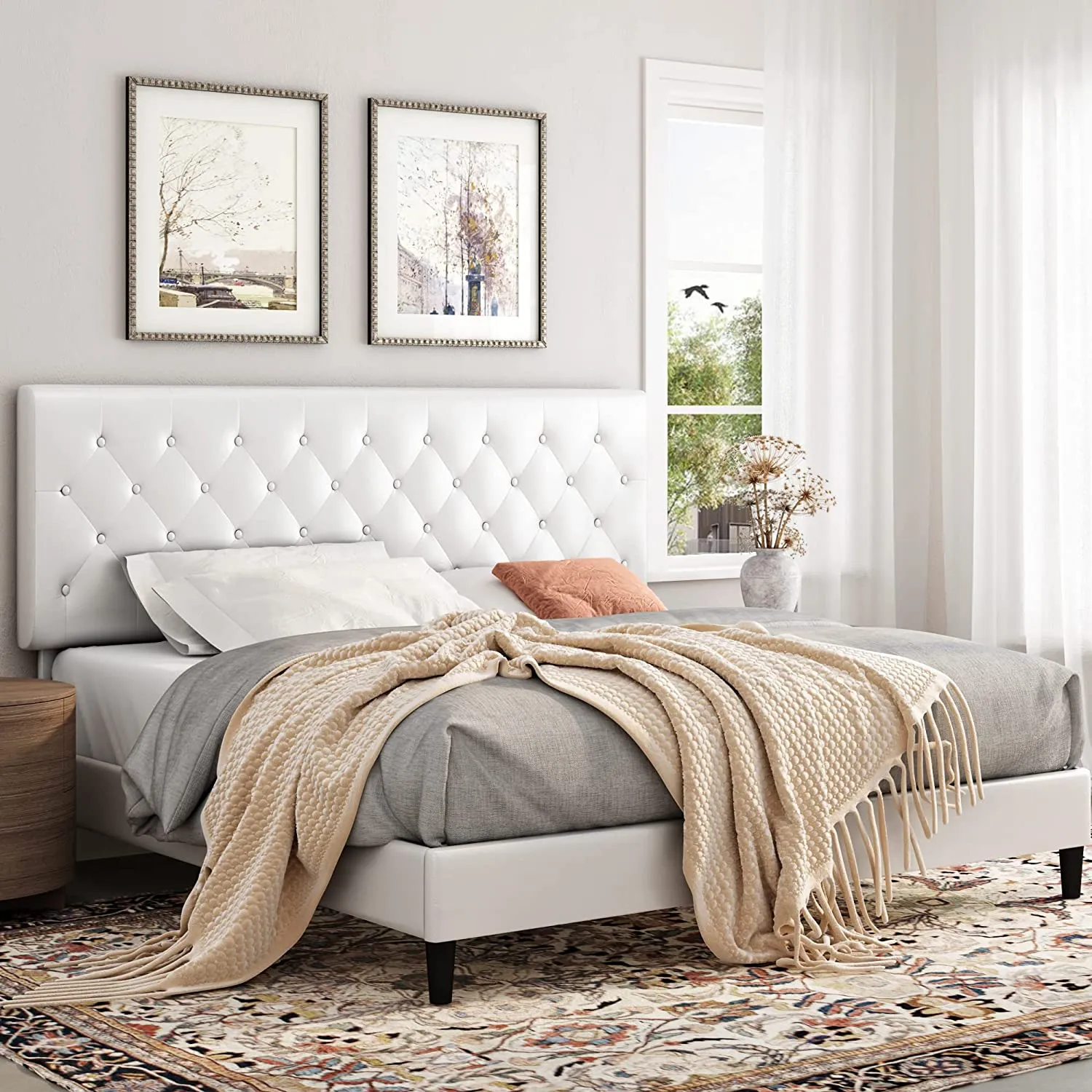 Queen Size Upholstered Platform Bed Frame with Button Tufted Headboard