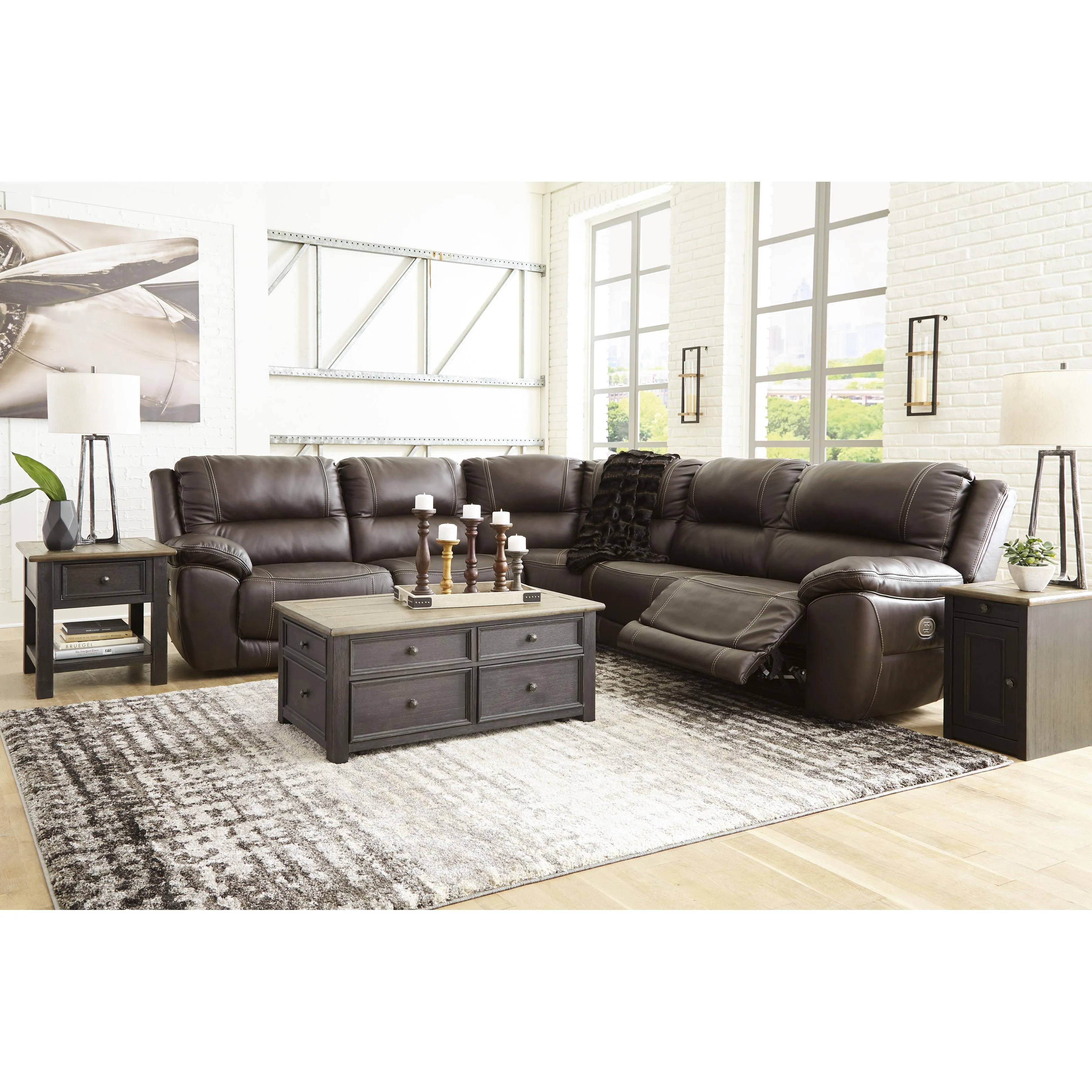 Signature Design by Ashley Dunleith Power Reclining Leather Match 5 pc Sectional U7160458/U7160446/U7160477/U7160446/U7160462