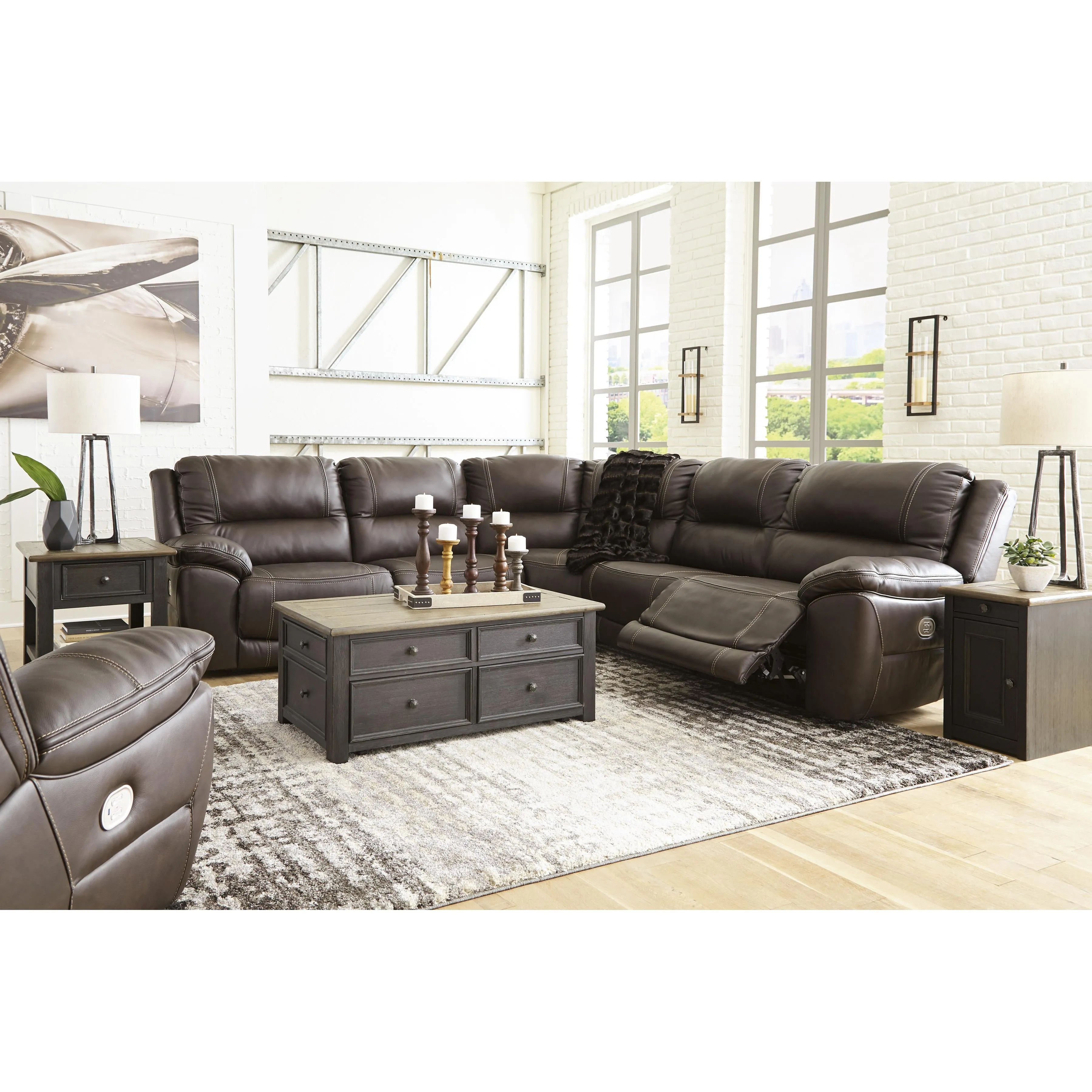 Signature Design by Ashley Dunleith Power Reclining Leather Match 5 pc Sectional U7160458/U7160446/U7160477/U7160446/U7160462