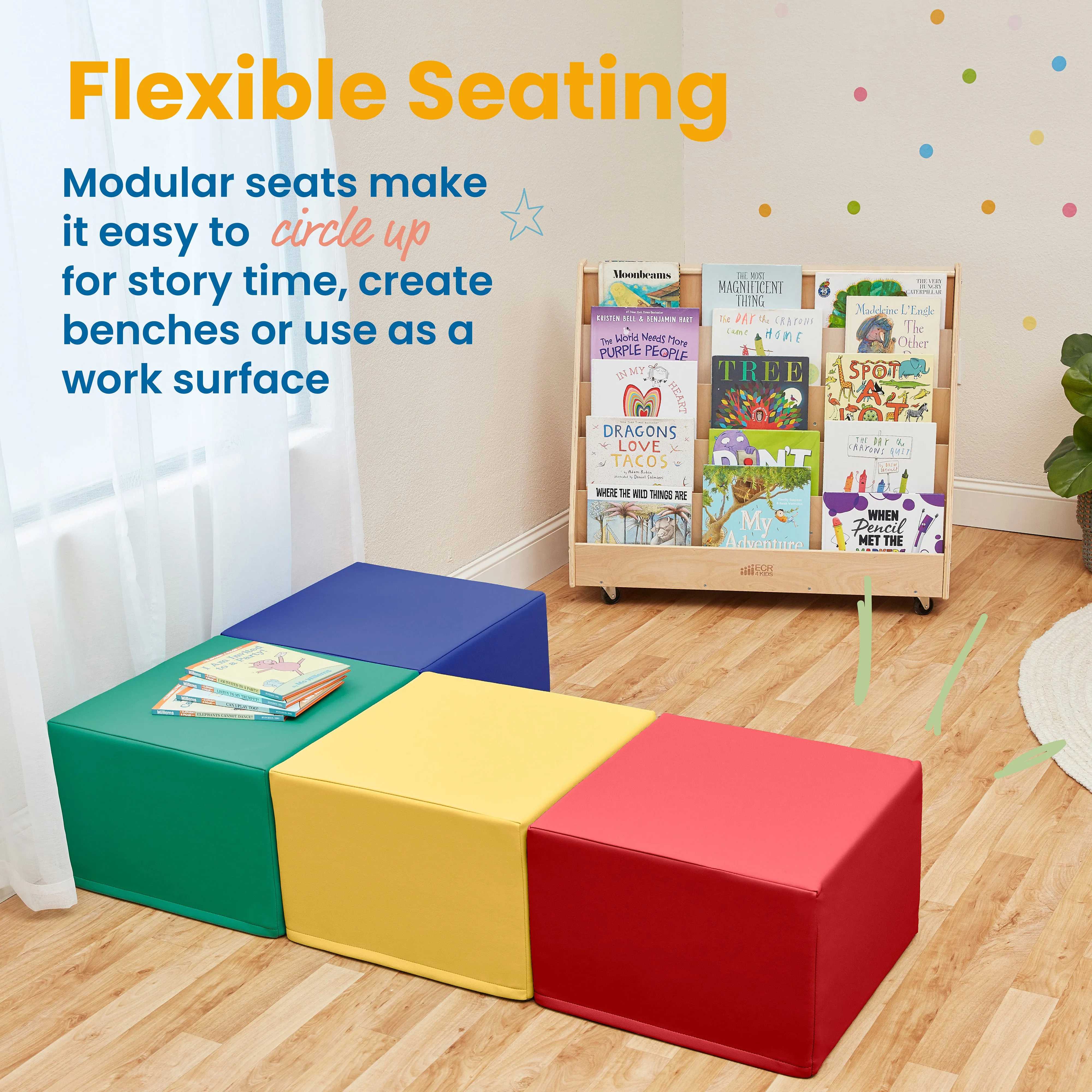 Square Ottoman, Colorful Flexible Foam Seat, 12in Seat Height, 4-Piece