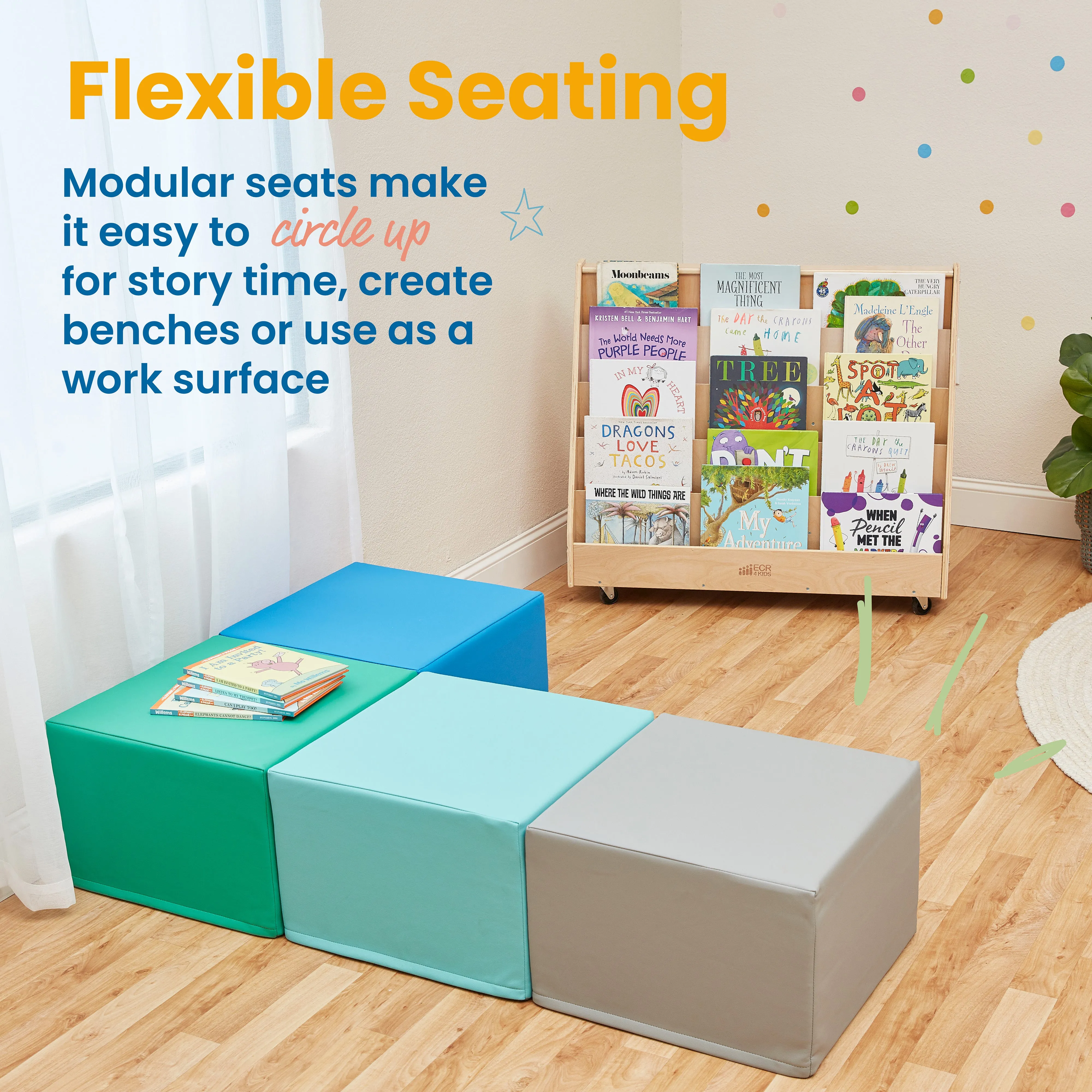 Square Ottoman, Colorful Flexible Foam Seat, 12in Seat Height, 4-Piece