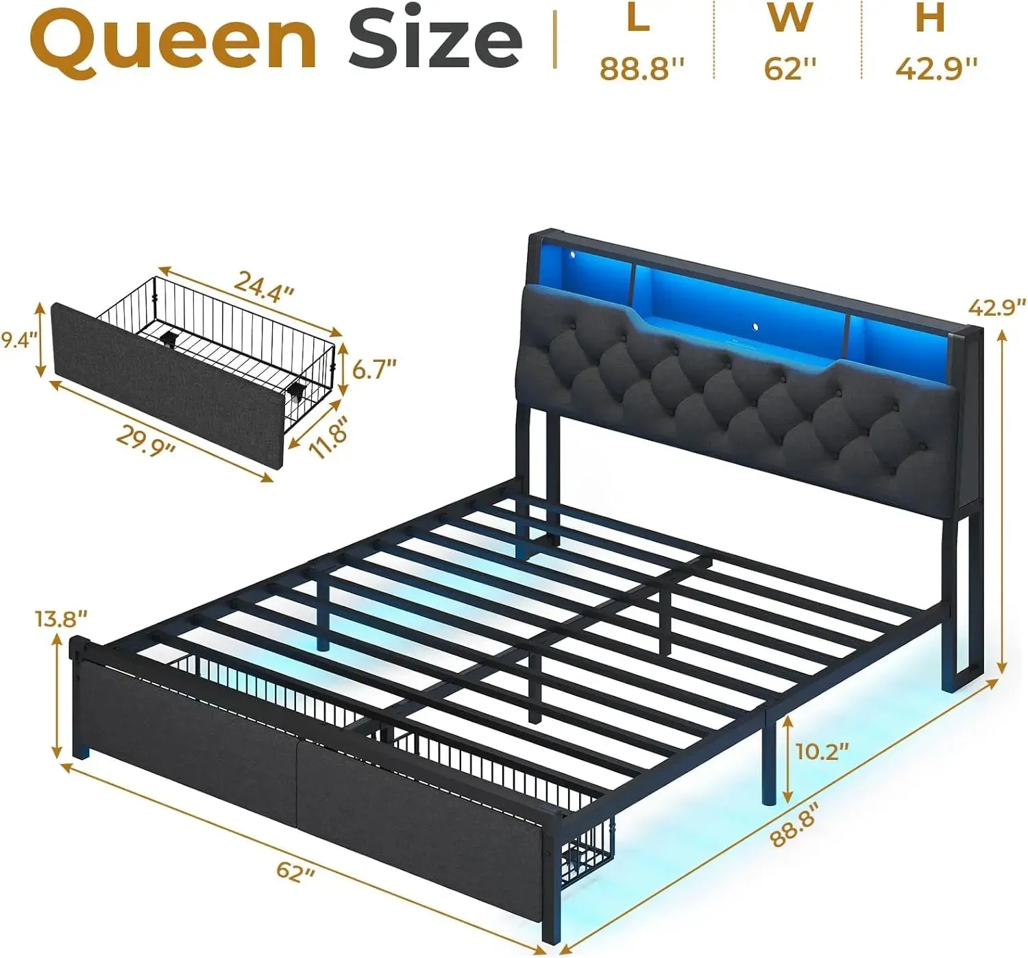 TP-C LumiRest Queen Bed Frame with Storage Headboard & LED Lights