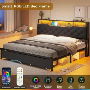 TP-C LumiRest Queen Bed Frame with Storage Headboard & LED Lights