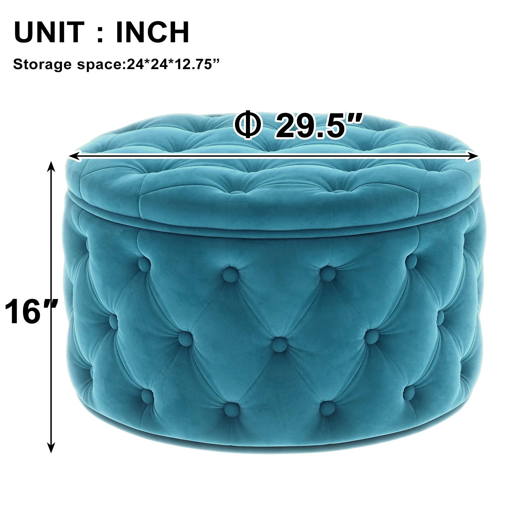 WIIS' IDEA Classic Button Tufted Velvet Round Ottoman With Storage - Blue