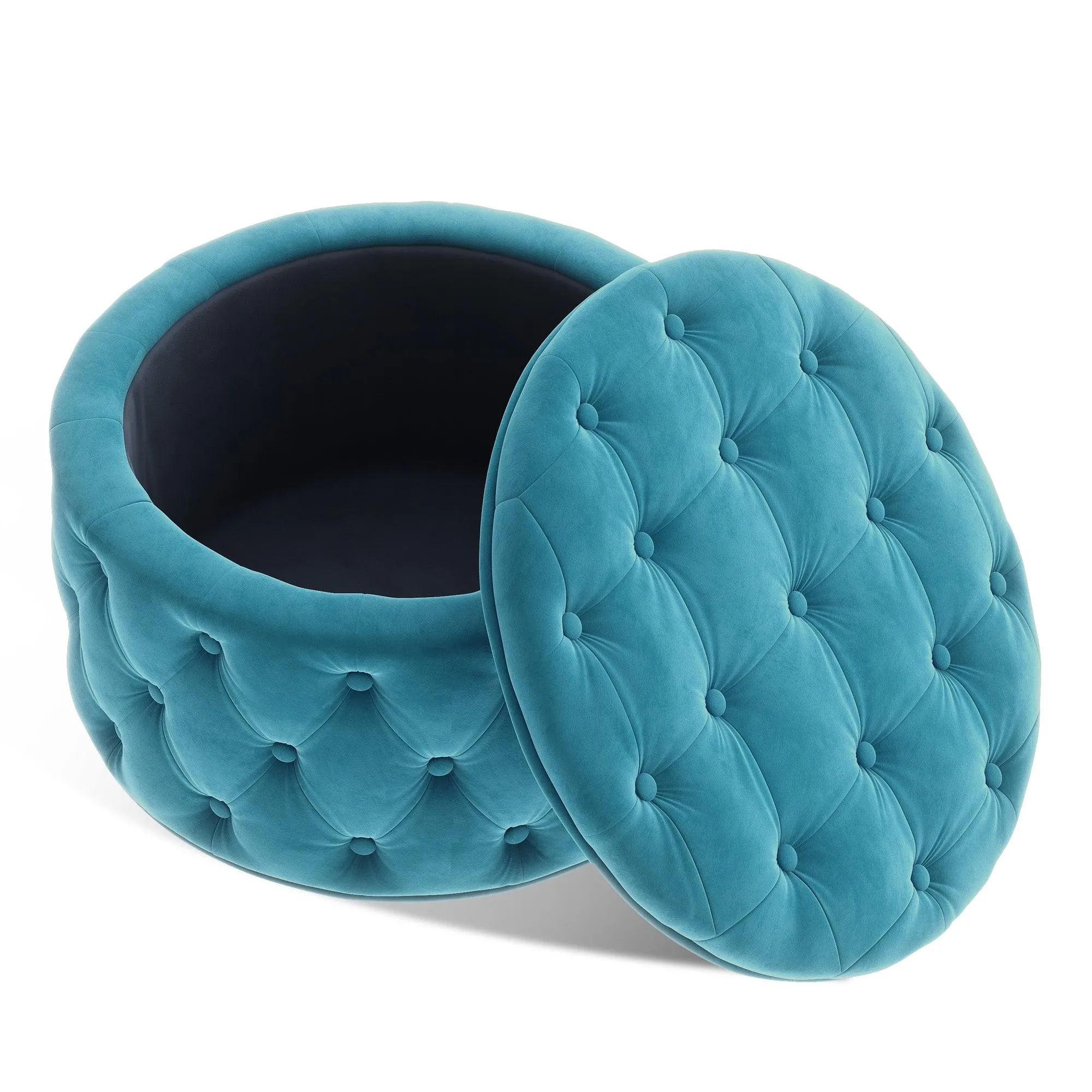 WIIS' IDEA Classic Button Tufted Velvet Round Ottoman With Storage - Blue