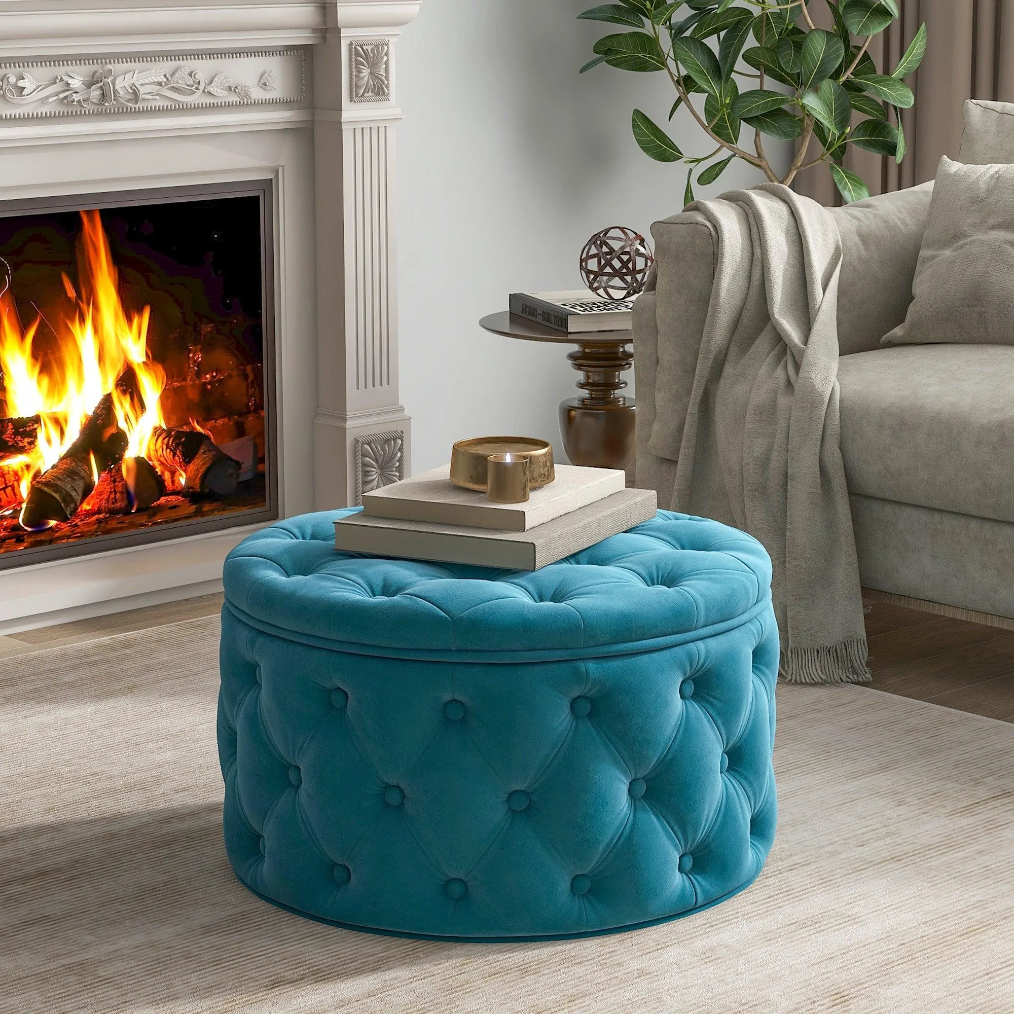 WIIS' IDEA Classic Button Tufted Velvet Round Ottoman With Storage - Blue