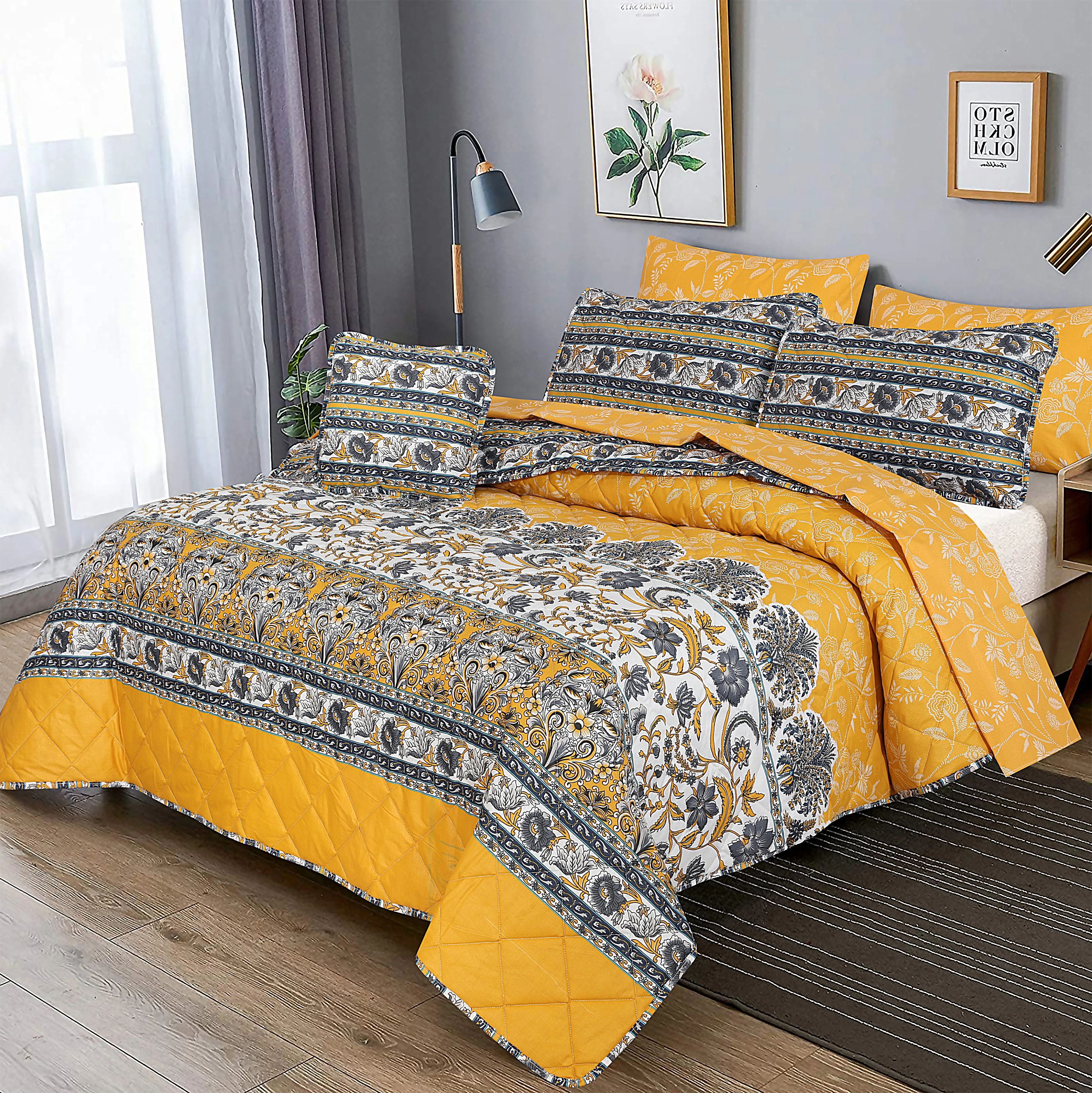 Yellow Flori- 6pc Summer Comforter set (Light Filling).